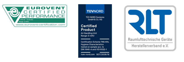 Daikinin tuloilmakoneiden laadunvarmistuksen sertifiointien logot